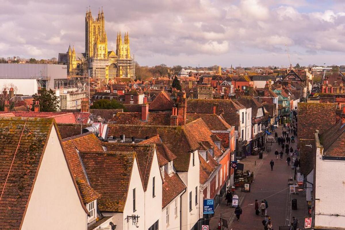 a view of a town with a cathedral and roofs