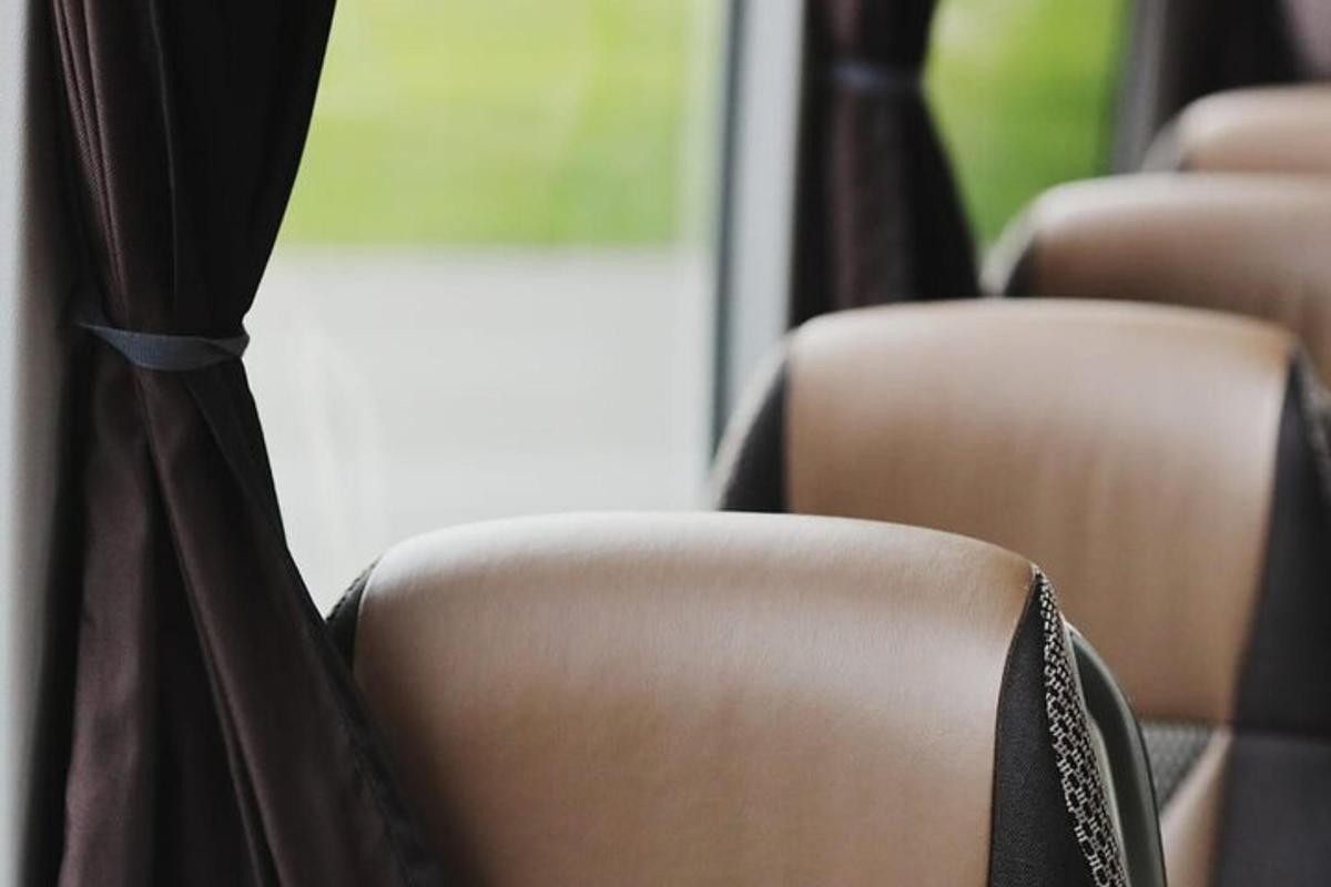 una fila de asientos en un tren con cortinas