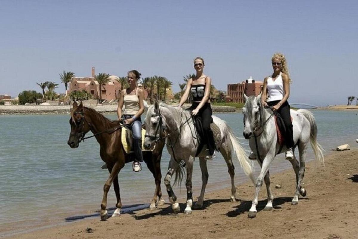 three people are riding horses on the beach