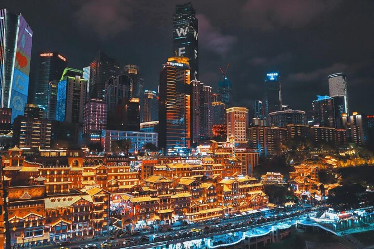 a city skyline at night with a clock tower