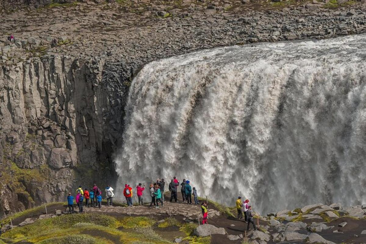 a group of people standing in front of a waterfall