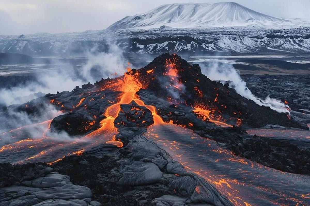 sopečná erupce s horou v pozadí