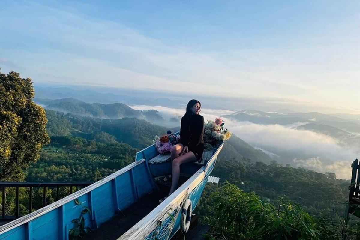 Una mujer sentada en la cima de una montaña con flores.