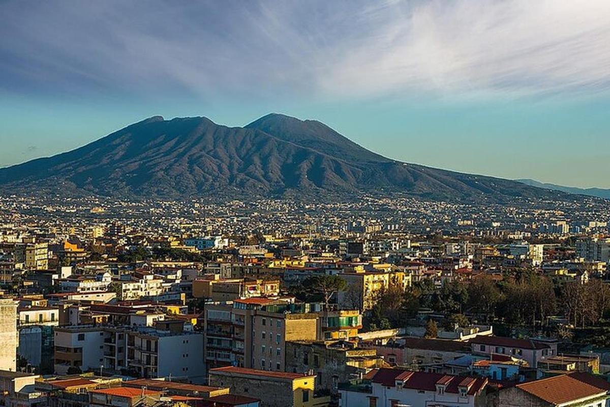 a view of a city with a mountain in the background