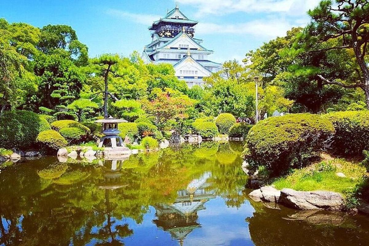 a garden with a pond in front of a building
