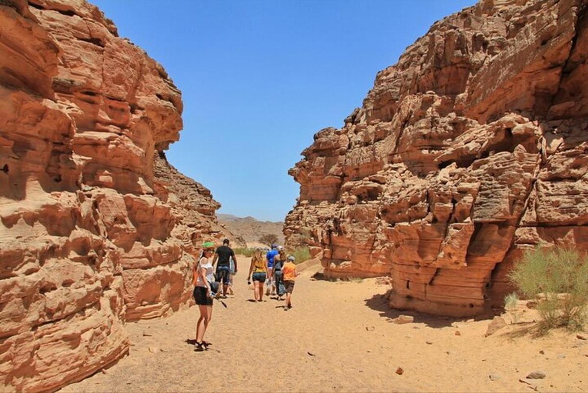 un gruppo di persone che camminano attraverso un canyon