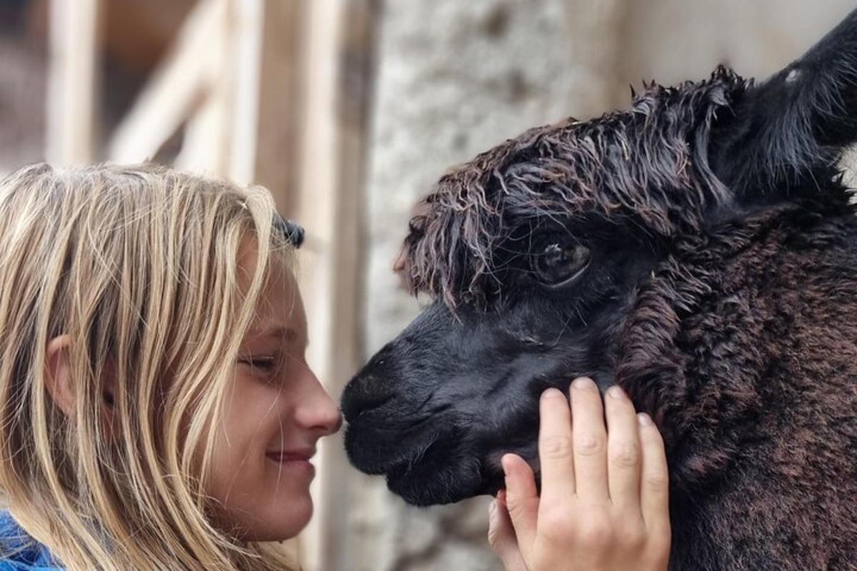 Una mujer está de pie junto a una oveja negra.