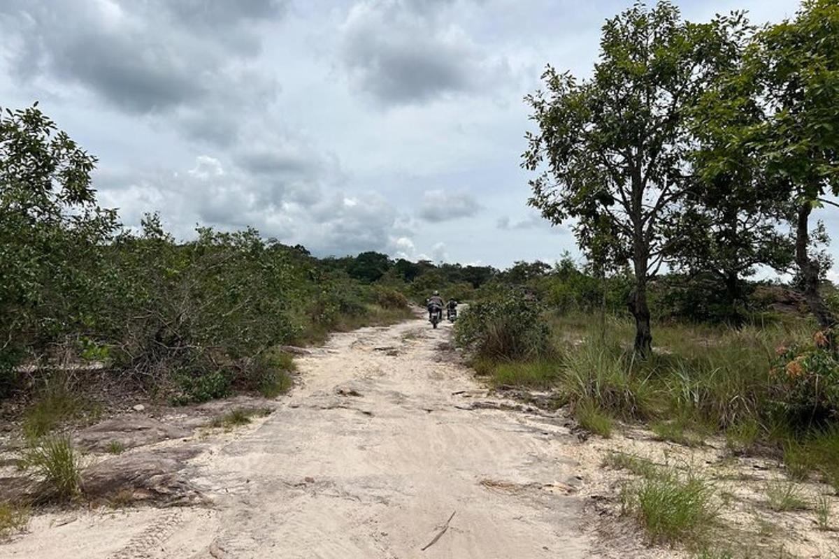 a dirt road with a group of people walking on it