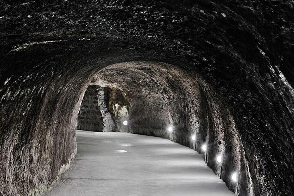 a tunnel with a walkway with lights at night