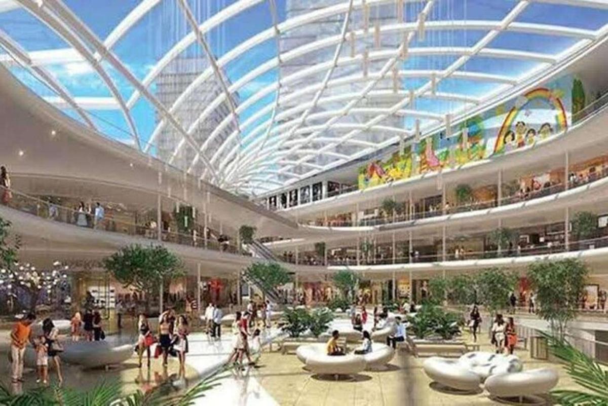 un rendering di un centro commerciale con persone al suo interno