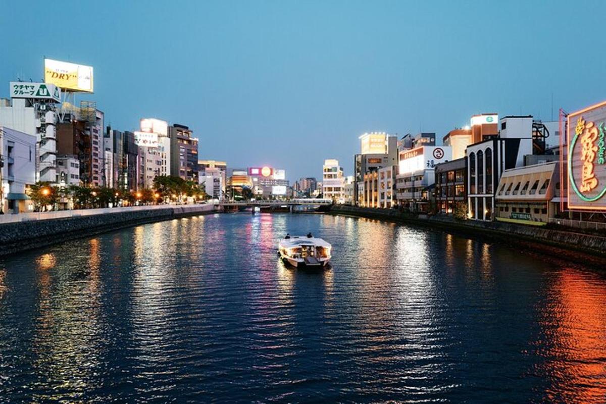 a boat in a river in a city with buildings