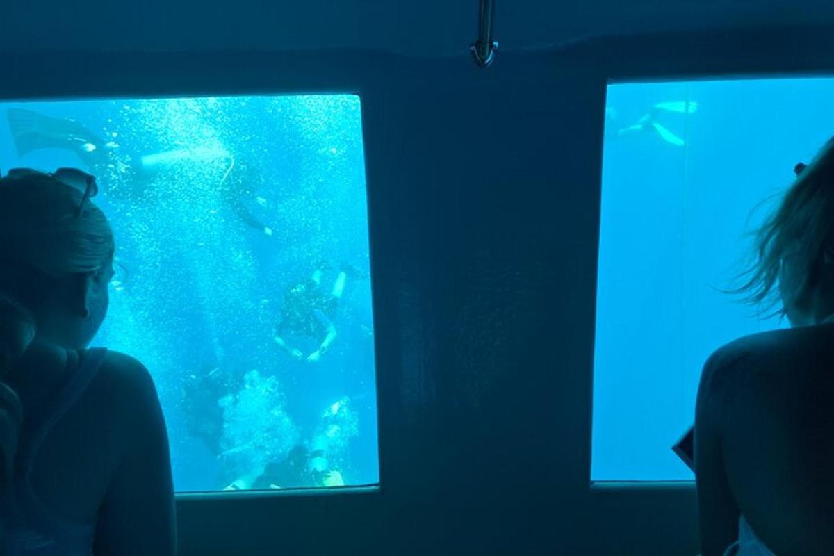 a woman looking at a fish in an aquarium