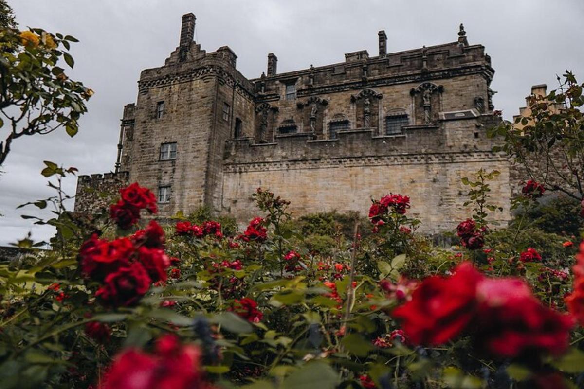 un vecchio castello con rose rosse di fronte
