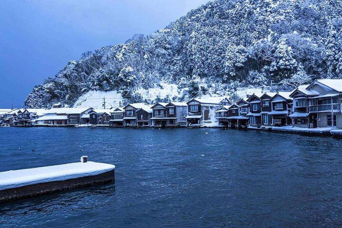 a group of houses on the water with snow on them