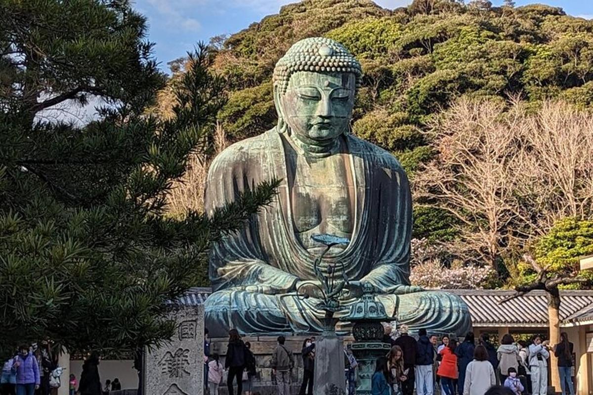 Una gran estatua de un Buda frente a una montaña.