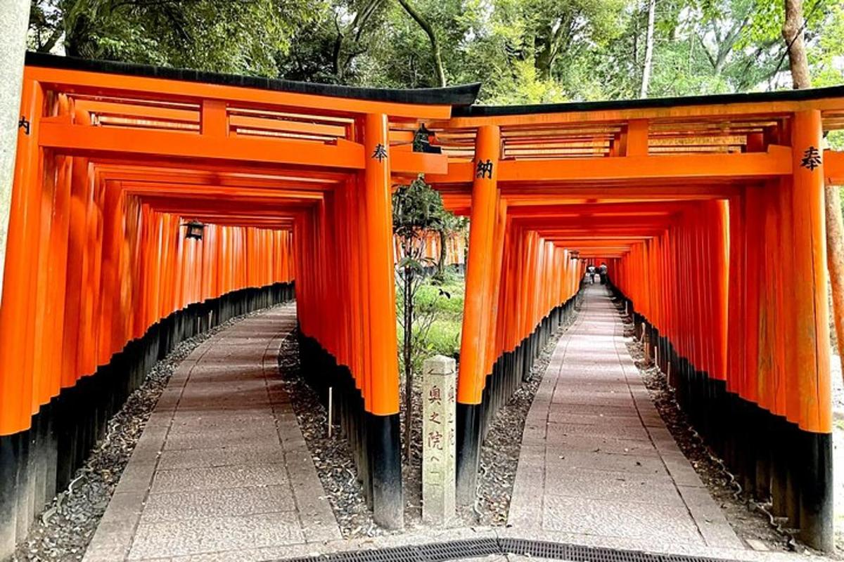 Una puerta torii naranja en un parque con árboles.