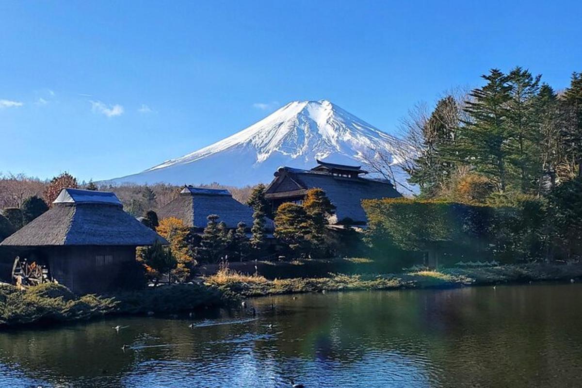 uma montanha coberta de neve ao longe com casas e um lago