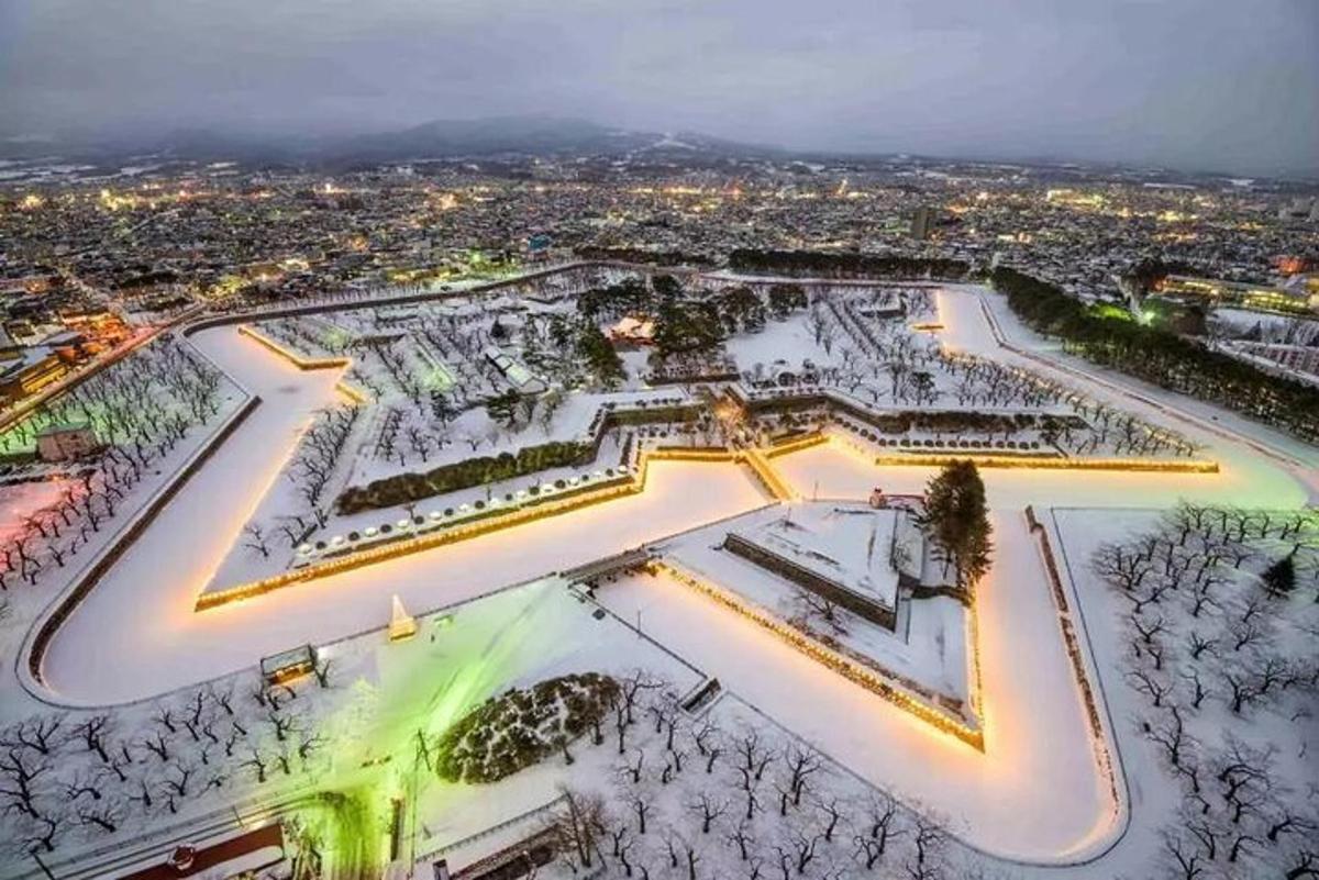 an aerial view of a park covered in snow at night