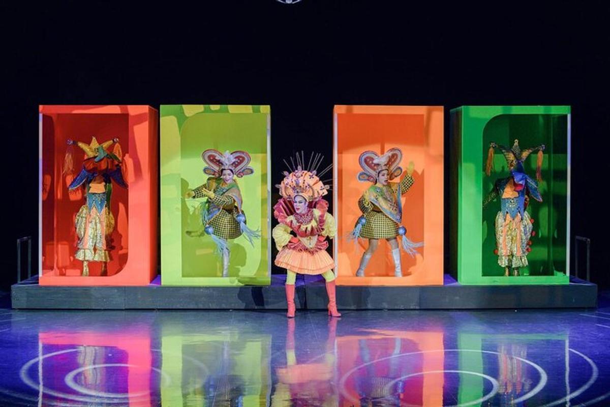 a group of women on the stage in colorful boxes