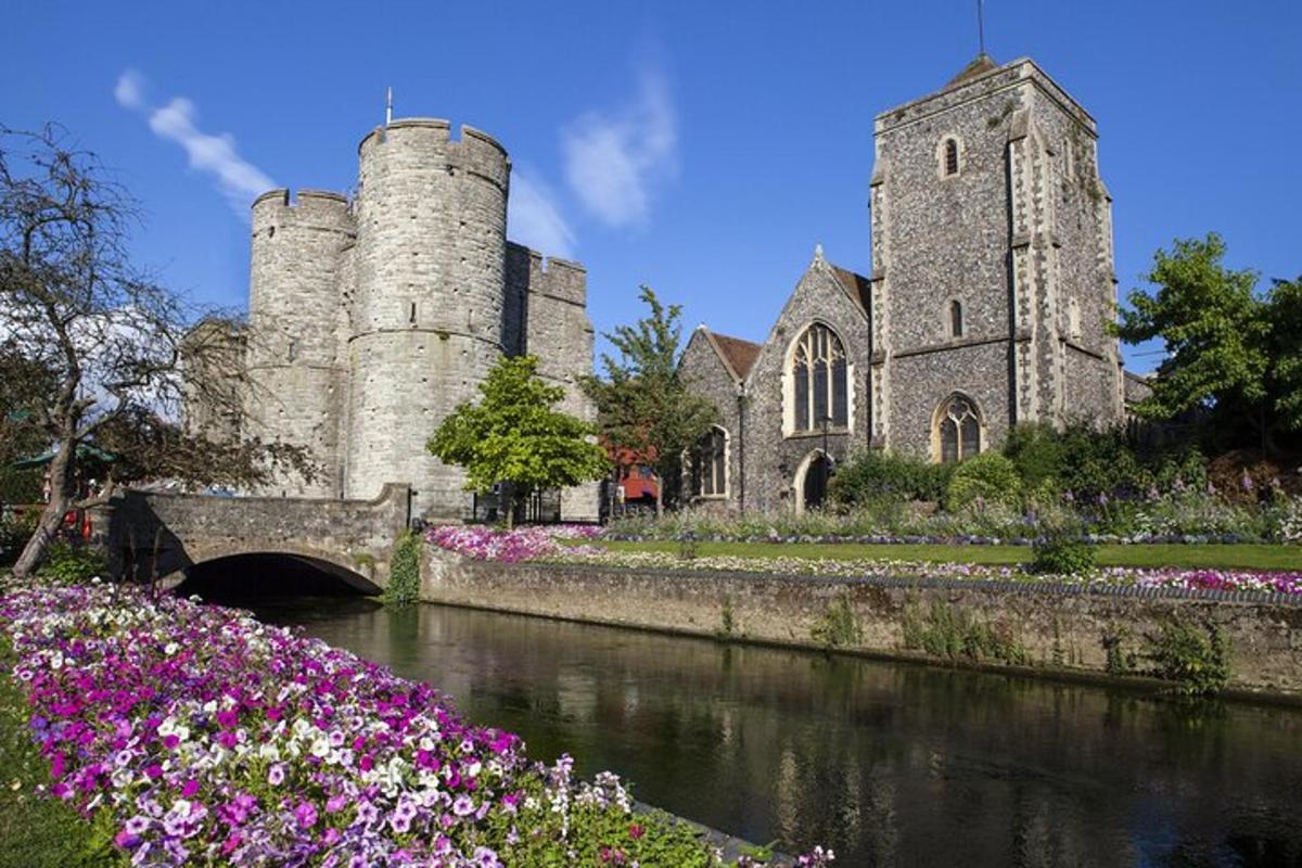 un château avec des fleurs roses devant une rivière