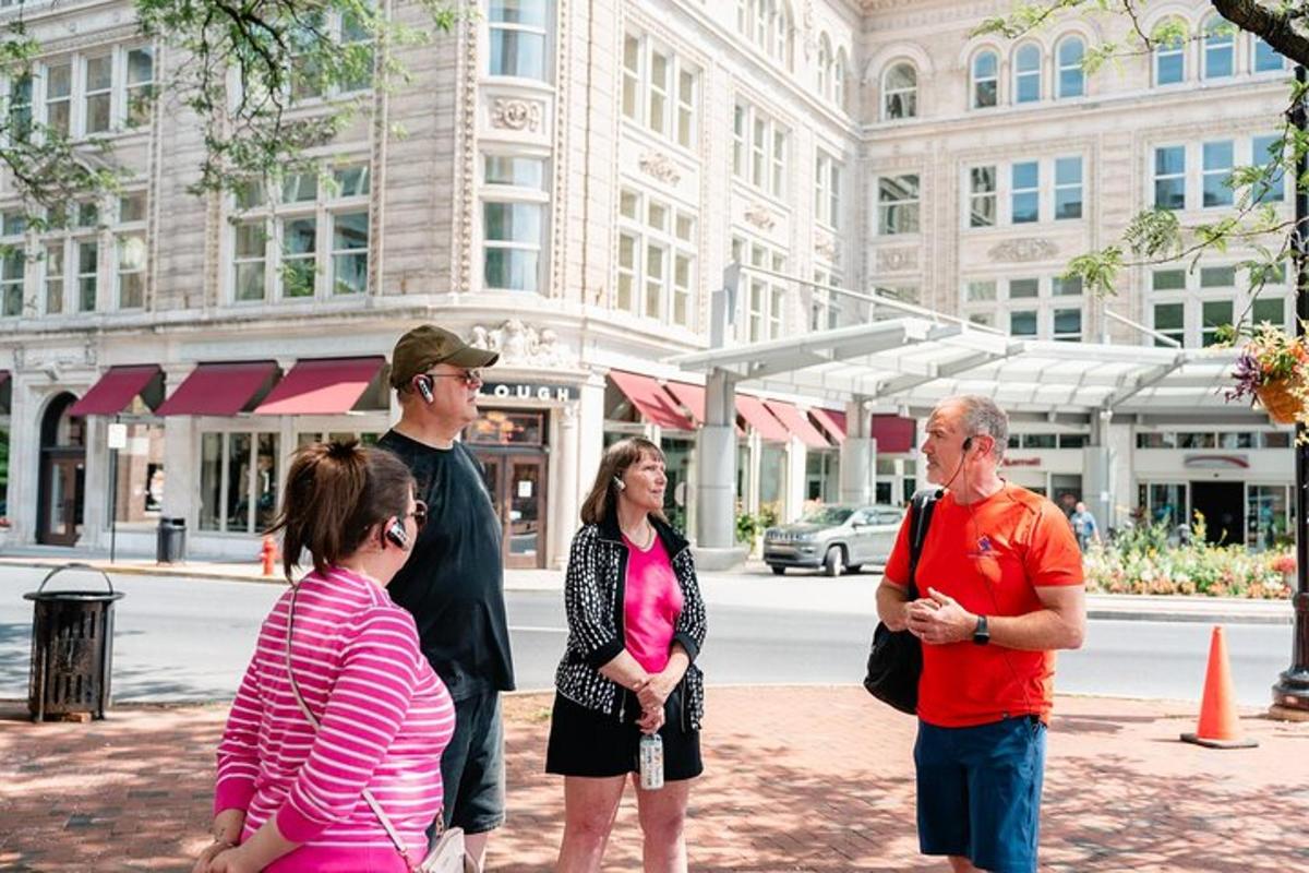 a group of people standing on a city street