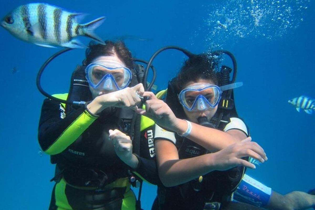 two women in the water taking pictures of fish