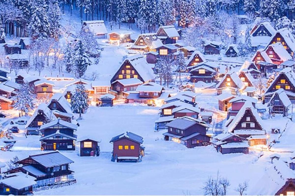 夜晚被大雪覆盖的小村庄