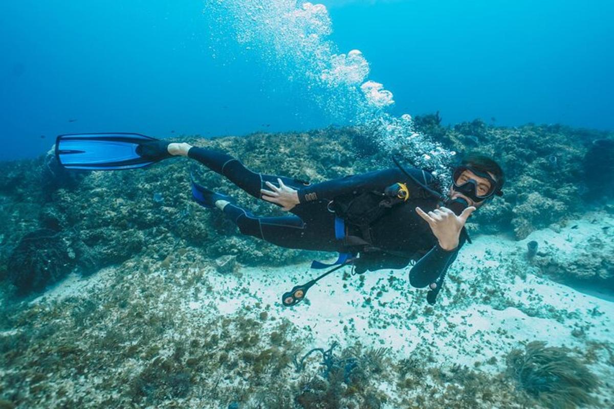 a man in a wetsuit laying on the ocean floor