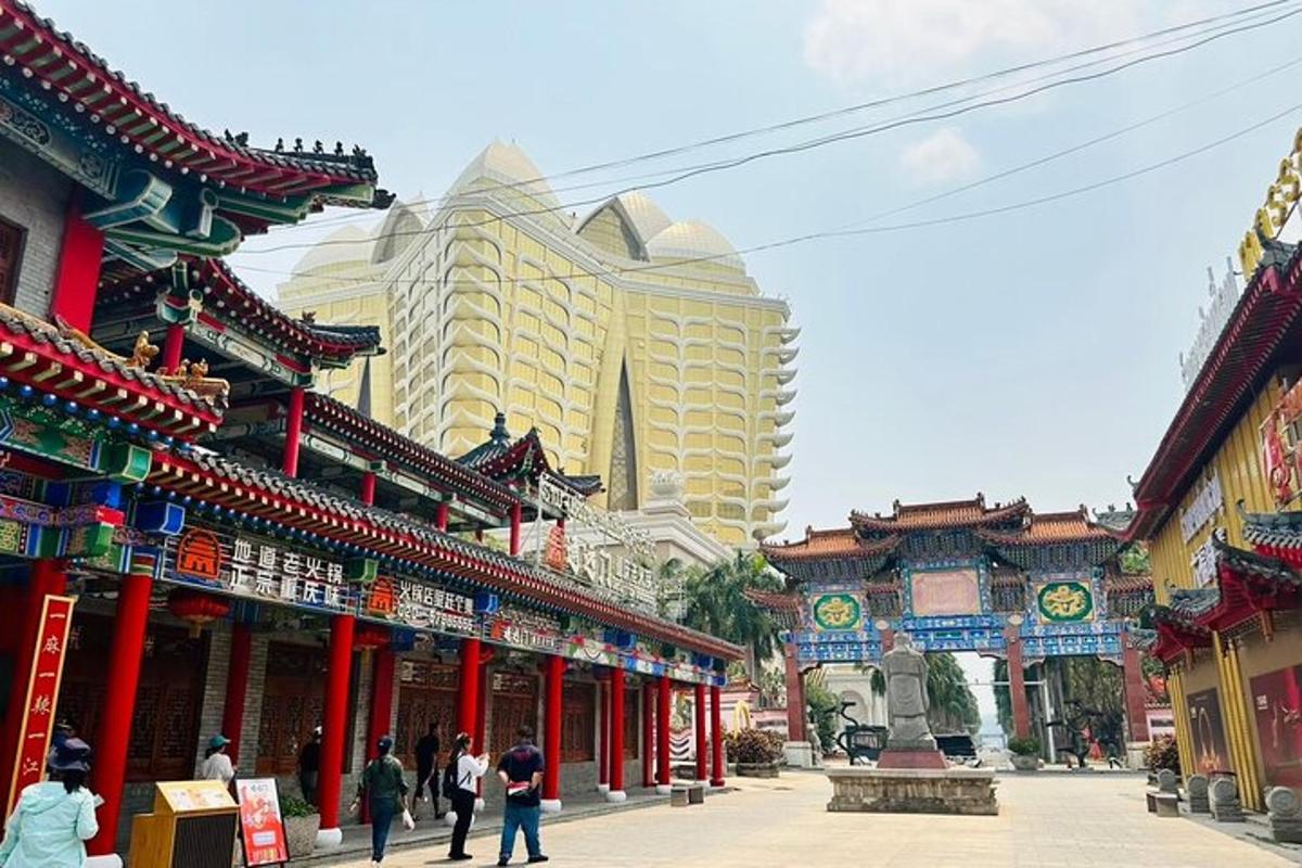 a group of people walking down a street with buildings