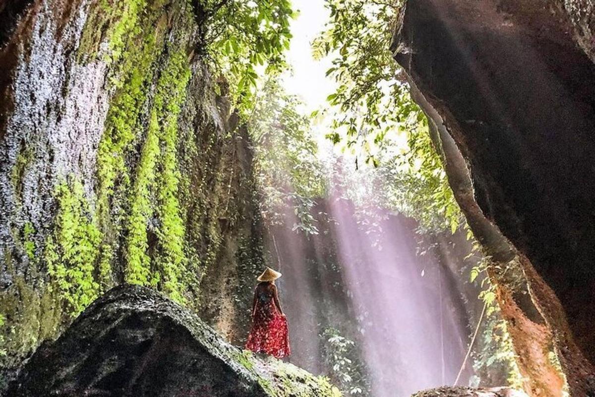 una donna in un vestito rosso in piedi davanti a una cascata