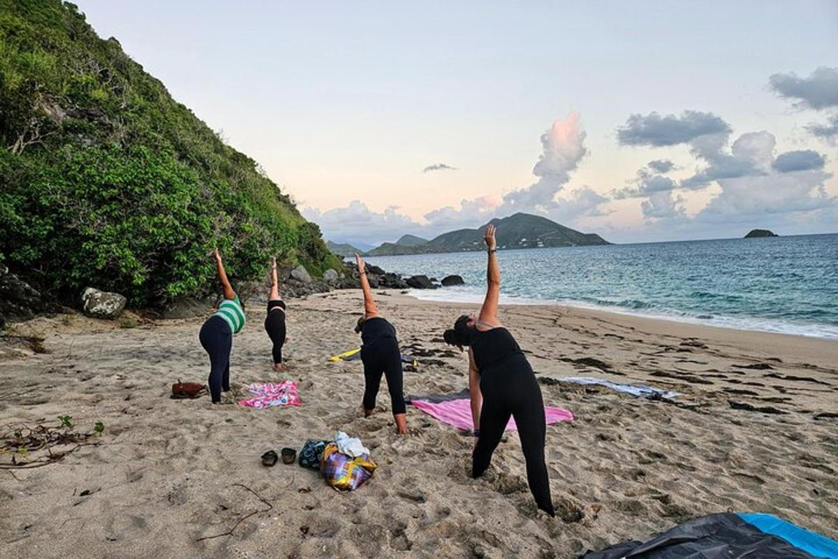 a group of people doing yoga on the beach