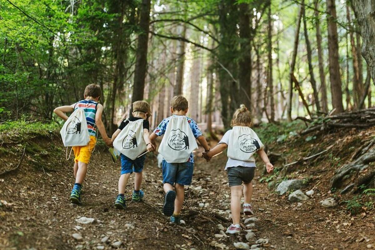 un gruppo di bambini che camminano lungo un sentiero con gli zaini
