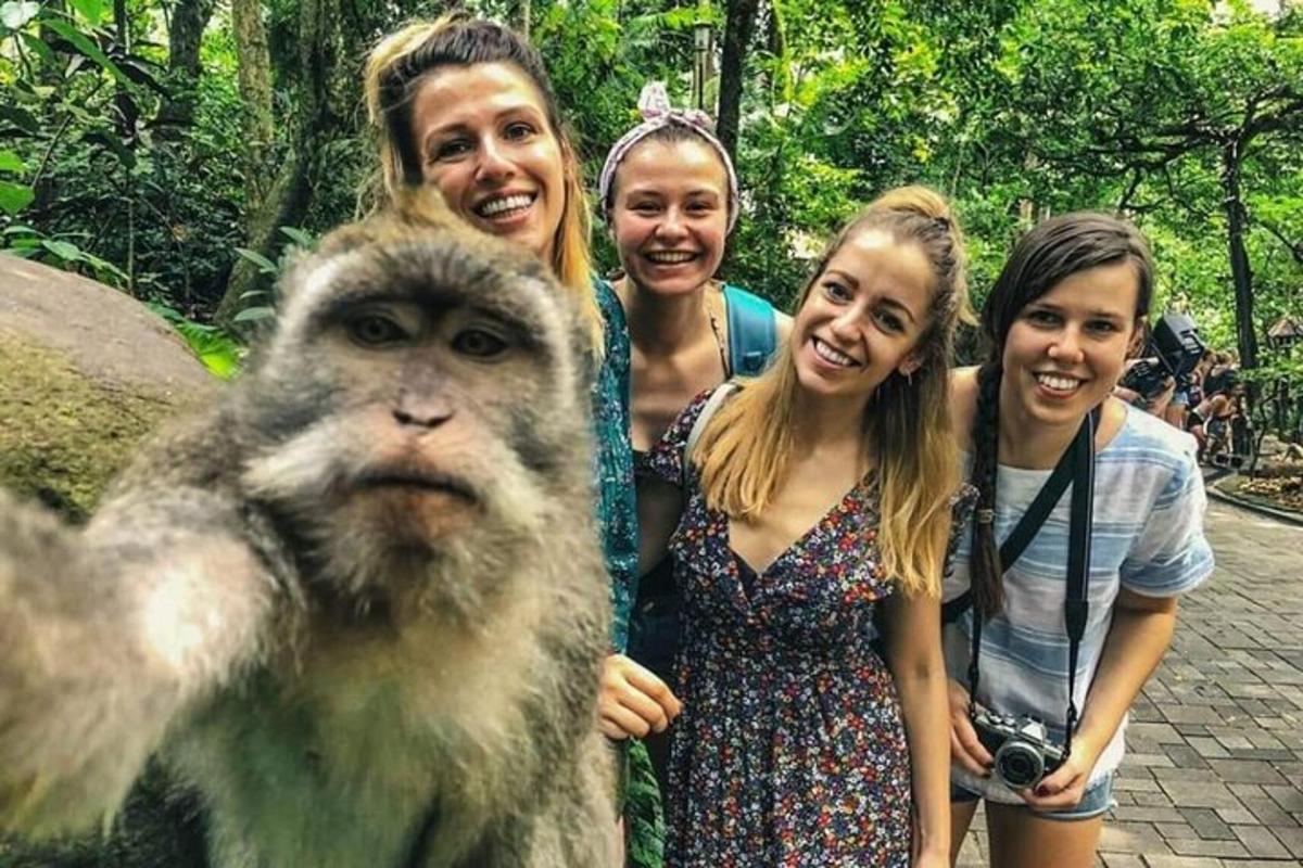 sekumpulan orang berdiri di sebelah monyet
