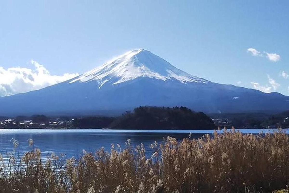 un munte acoperit de zăpadă cu un lac în fața lui