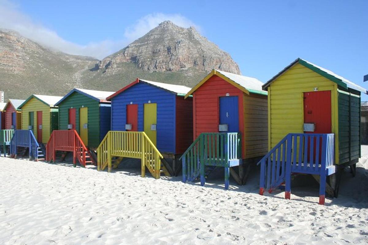 eine Reihe bunter Strandhütten am Strand