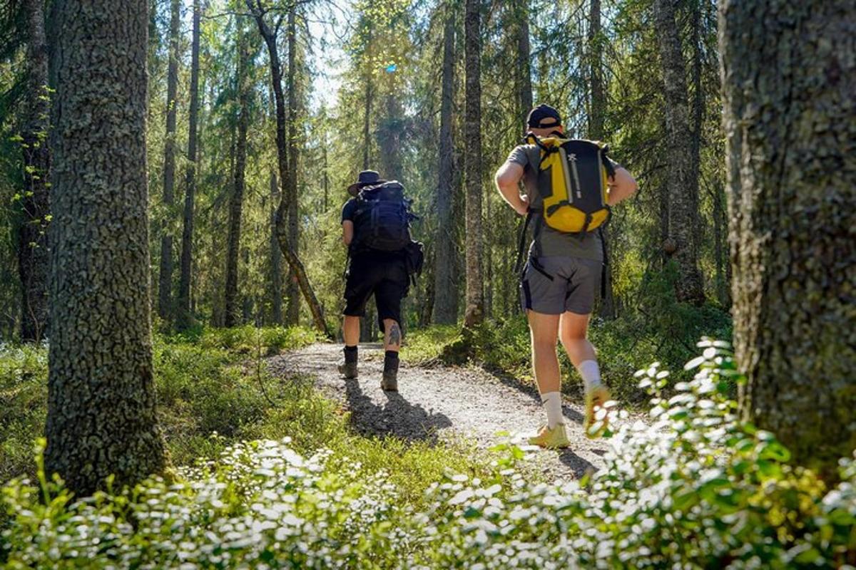 two people walking on a trail in the woods