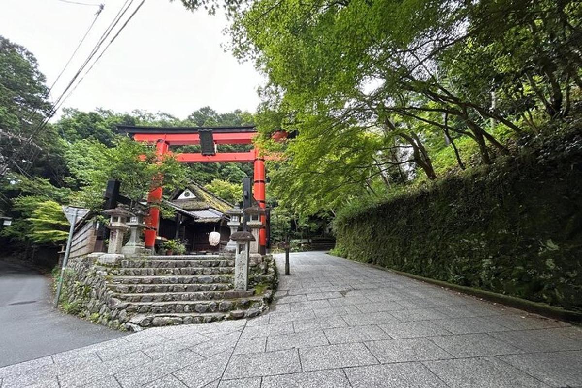 japonská brána s kamenným schodištěm vedoucím ke svatyni