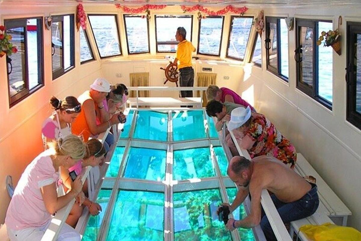 un gruppo di persone su una barca che guarda il pavimento di vetro nell'acqua