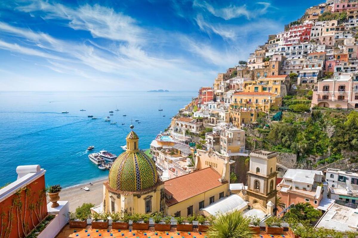 a view of the amalfi coast with a building