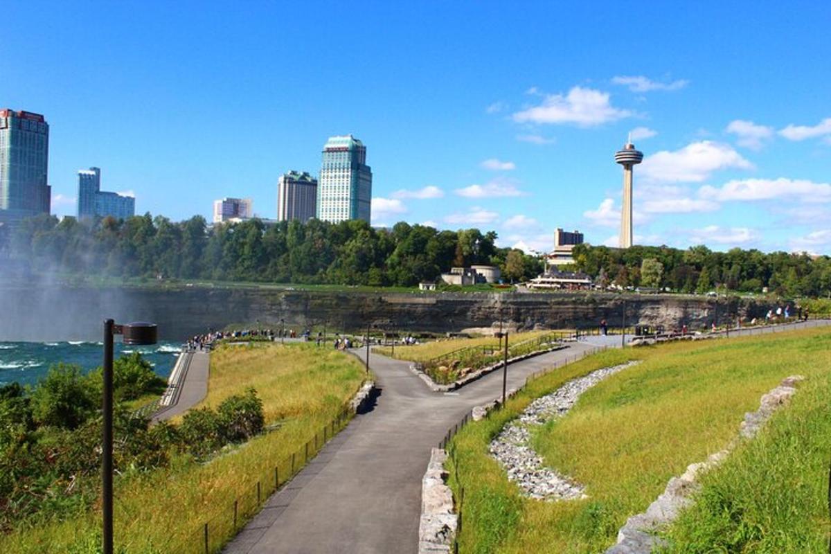 a path next to a river with a city in the background