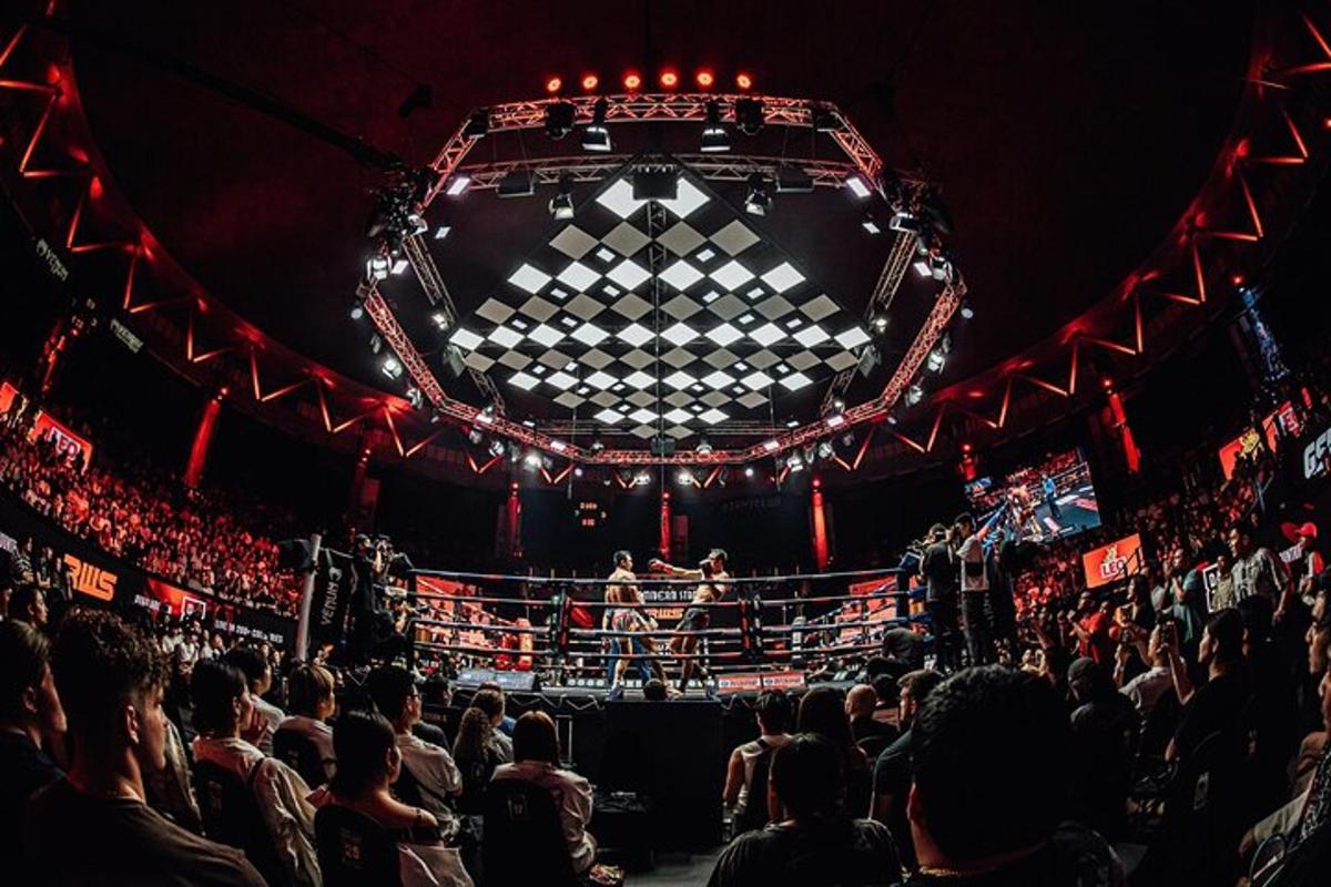 a crowd of people watching a boxing match in an arena