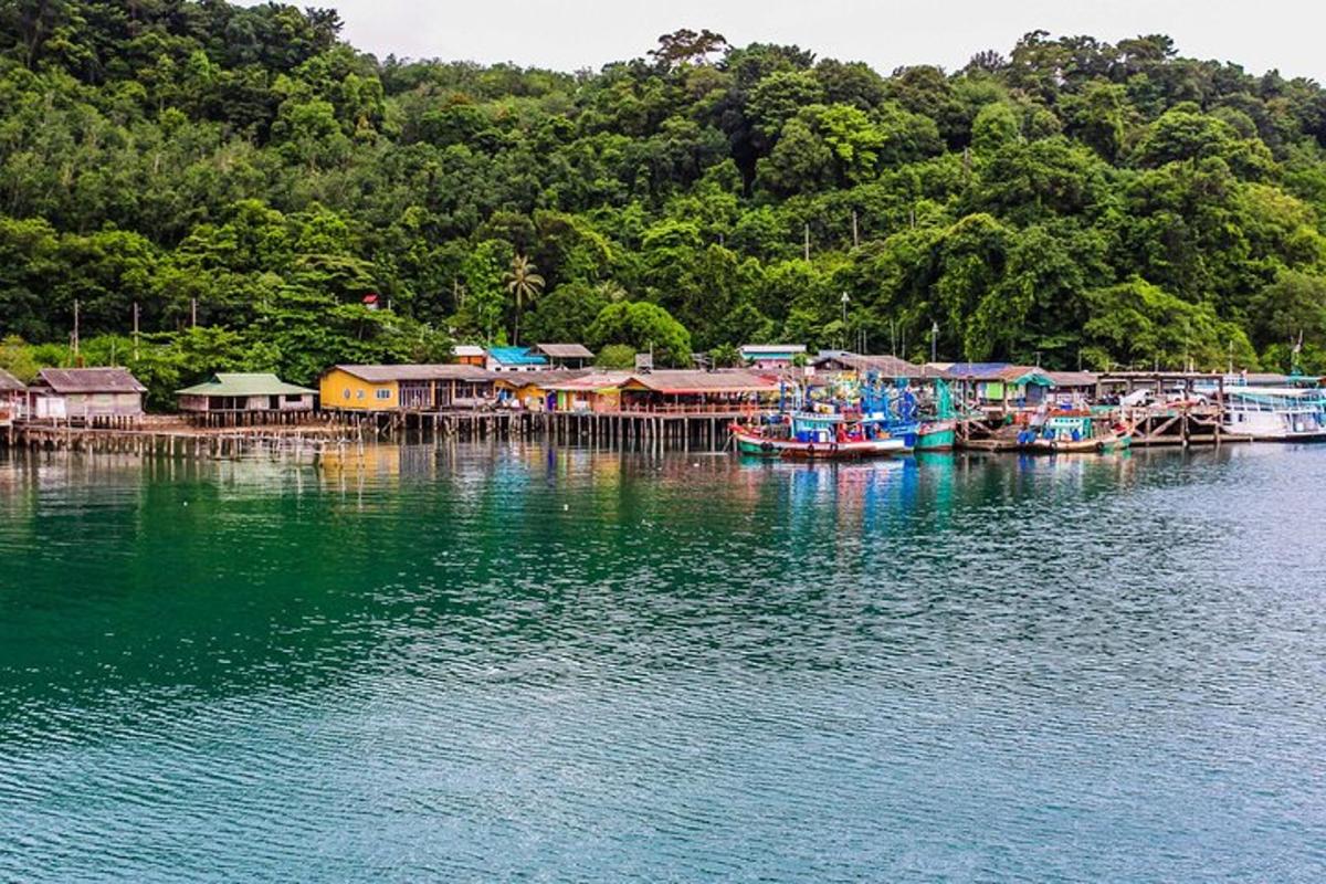 um grupo de barcos estacionados em uma doca na água