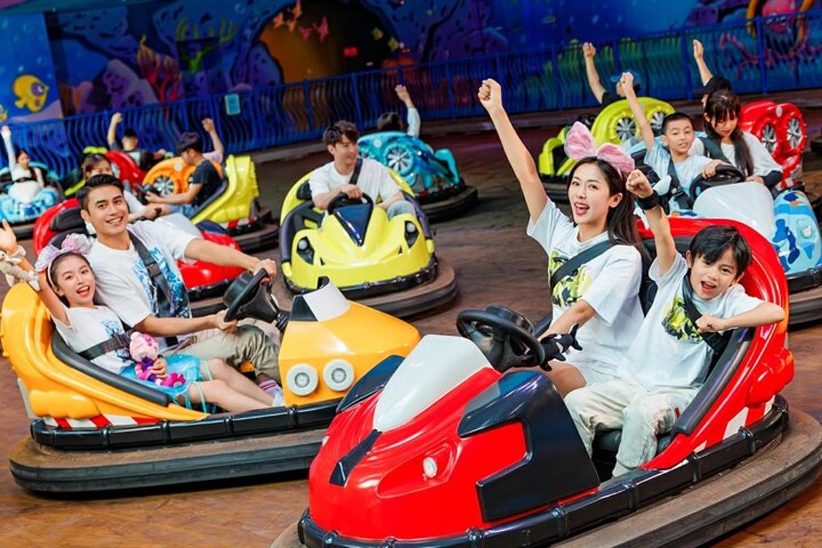 a group of people riding on rollercoasters at a roller coaster