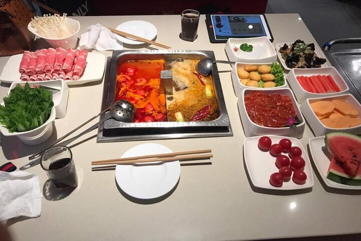 a table with a tray of food on a table