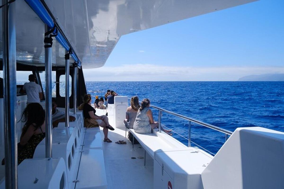 un gruppo di persone sedute su una barca nell'oceano
