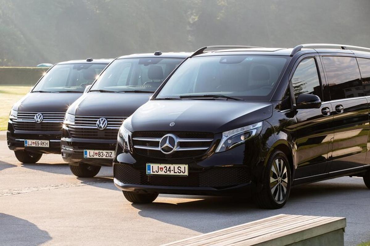 zwei Volkswagen Busse auf einem Parkplatz geparkt