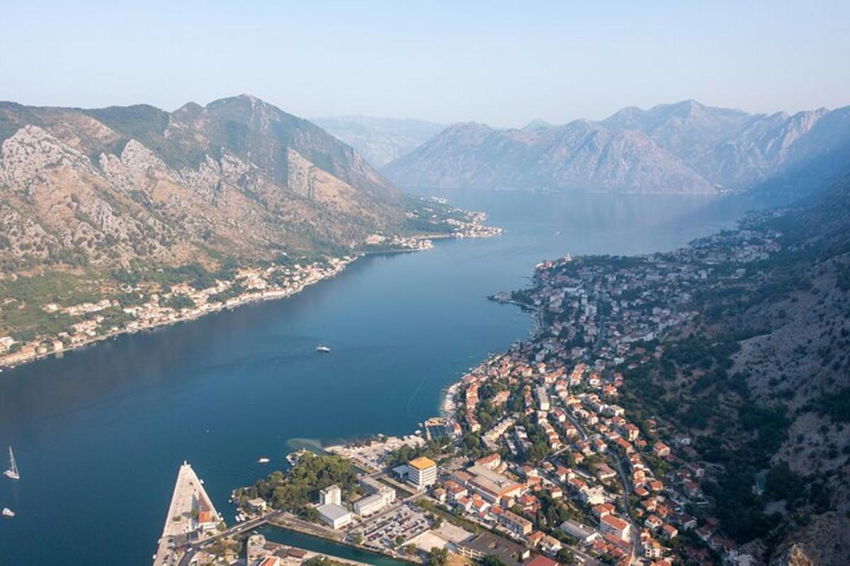 an aerial view of a city and a body of water