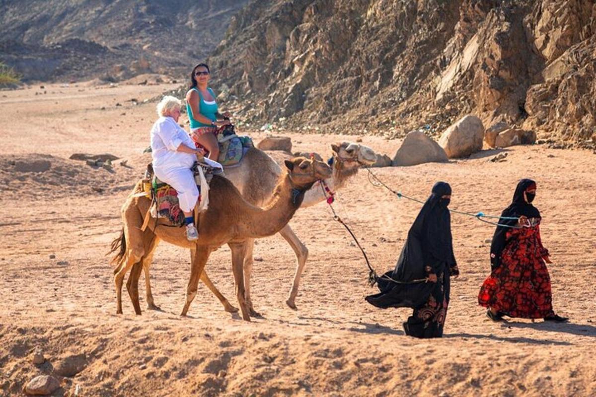 a woman riding on the back of a camel in the desert