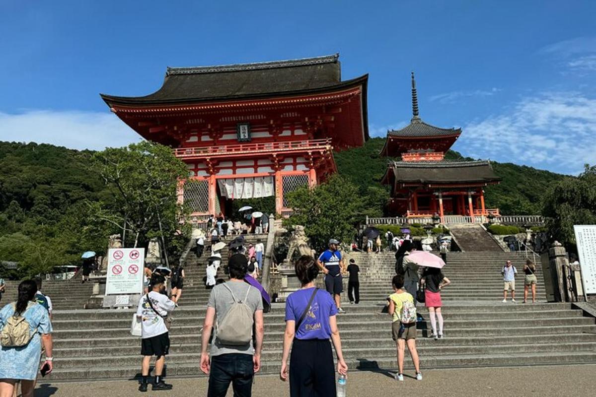 a group of people walking up the stairs to a building