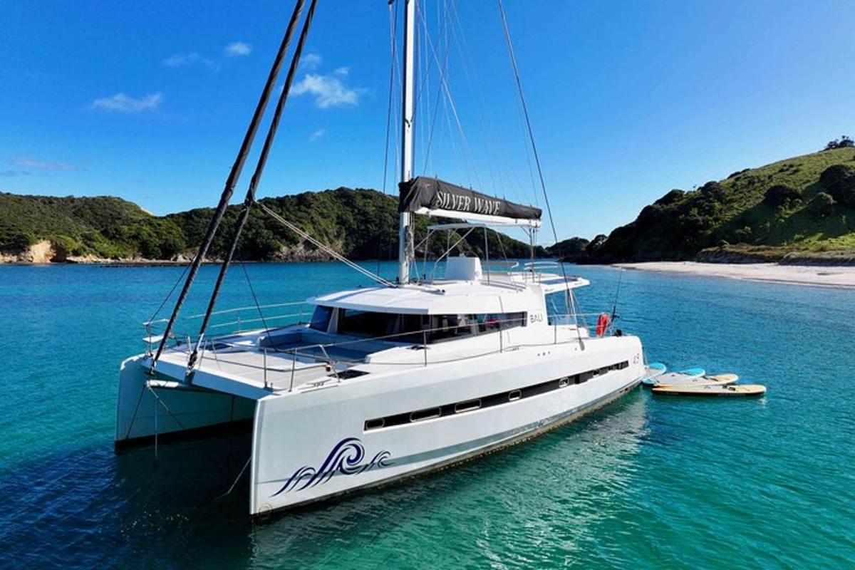 a white boat is sitting in the water